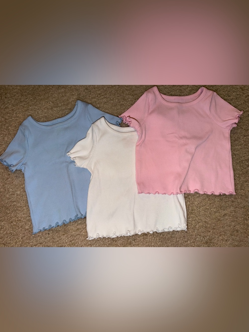 Toddler Girls Cat & Jack Ribbed Lettuce-Edge Tee in Pink, White & Blue 3pc Lot